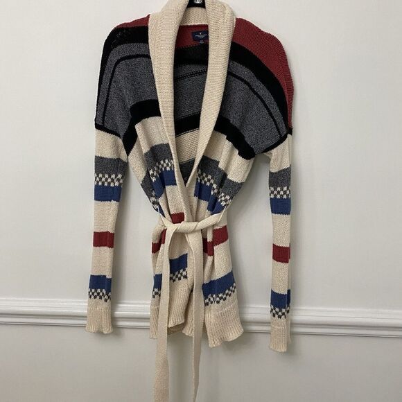 American Eagle Shawl Collar Stripe Southwest Tribal Knit Belt Cardigan Sz Small - Picture 14 of 15